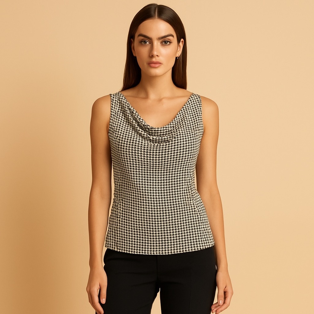 MICHAEL Michael Kors Black and White Houndstooth Cowl Neck Tank Top